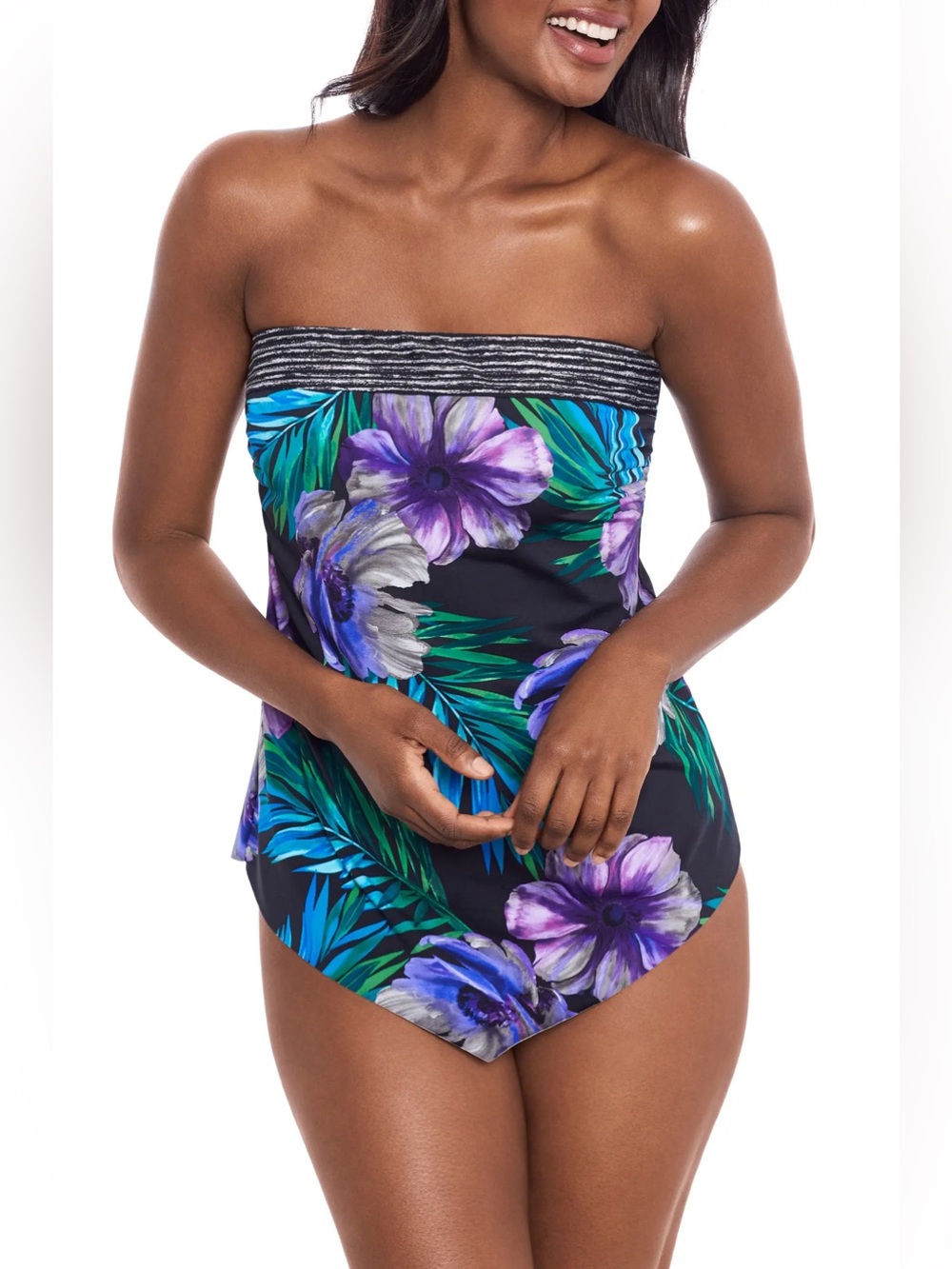 NWT Miraclesuit Flora Aura Hankini Swimsuit Slimming Top Size 10 Black Floral